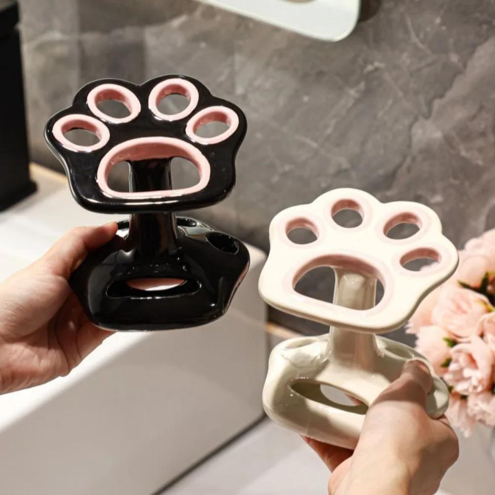 Cat Paw Shape Ceramic Toothbrush Holder Bathroom Accessories Tool for Toothpaste Makeup Brush Storage Rack Home Decoration