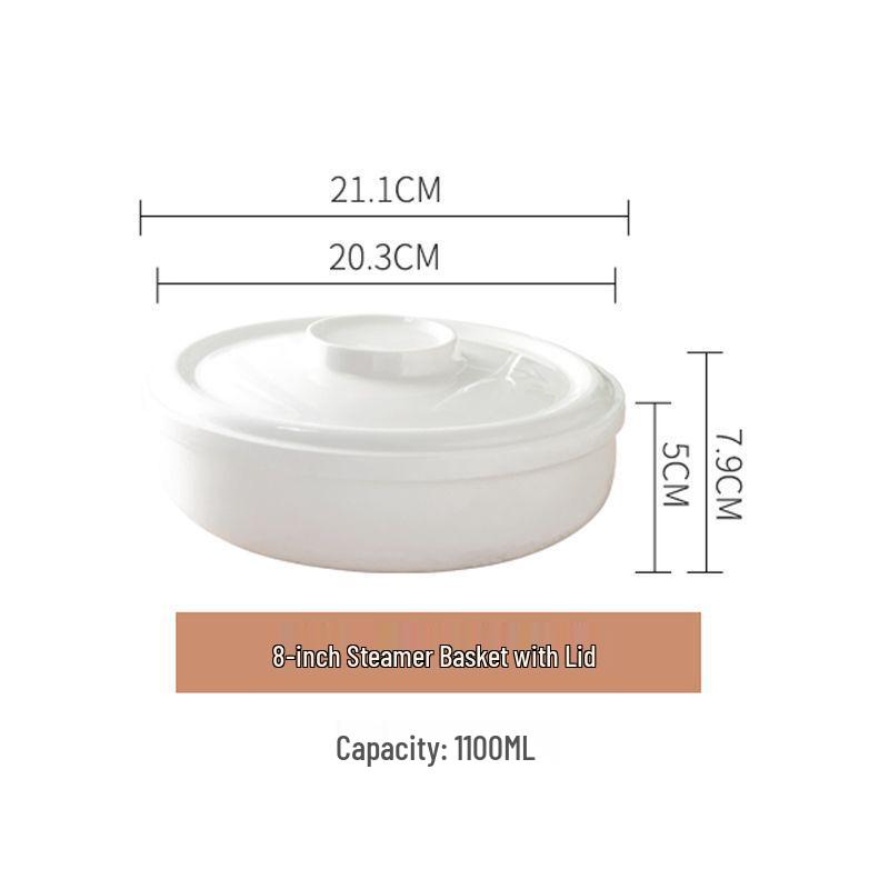 Bone China White Ceramic Steamer Basket with Lid: Deep Steaming Plate for Rice and Dishes