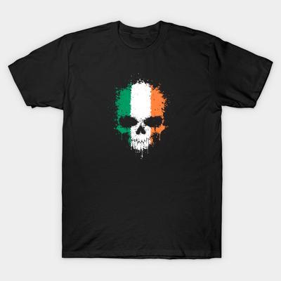 Asian Size Men Print T-shirt Chaotic Irish Flag Splatter Skull No-Cut Heat Transfer Print Cotton Tshirt