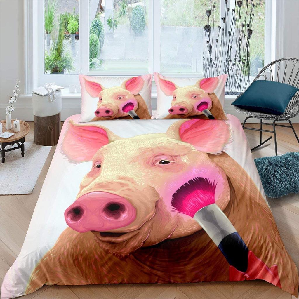 Pig Duvet Cover Set Cute Cartoon Pig Pattern Polyester Comforter Cover With Pillowcase King Queen Size For Kids Girl Bedding Set