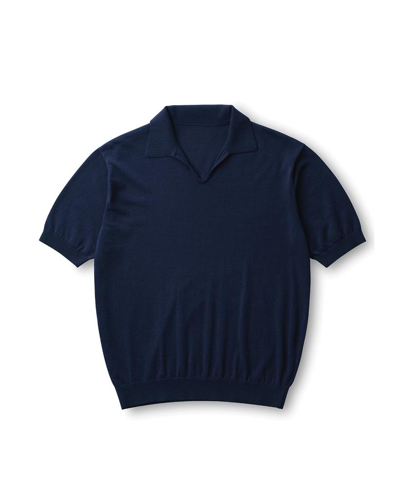EDWARDMAX Navy V-Neck Collar Short Sleeve Knit 90% Cotton Cool Knit
