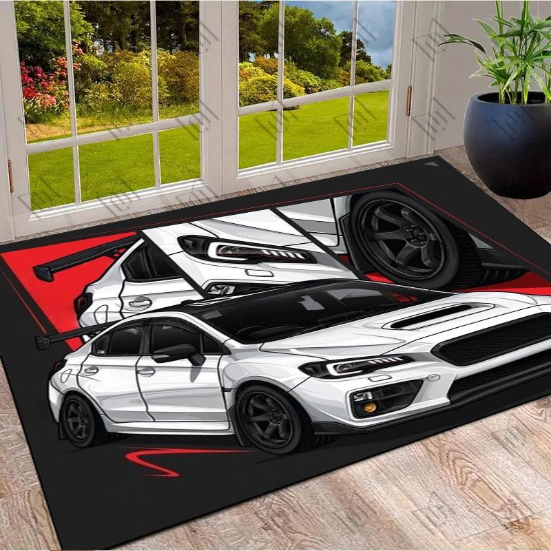 White Modified Sedan Red Accent Comic Print Area Rug Non‑Slip Rectangular Floor Mat Auto Fan Decor for Gaming Bedroom Living Room