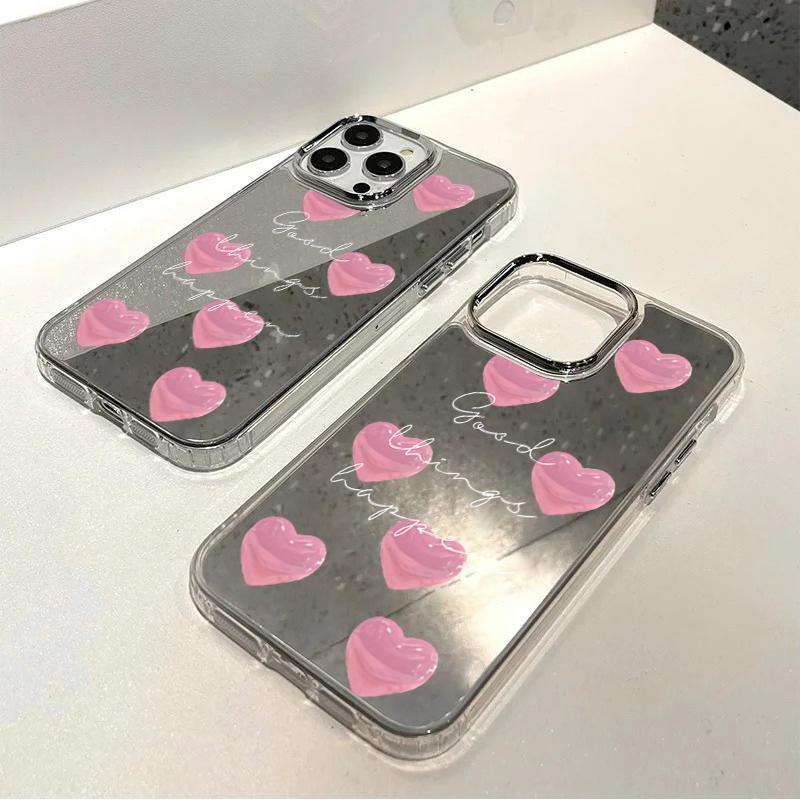 Pink Heart Pattern Mirror Phone Case For IPhone 17 16 Plus 15 14 11 12 13 Pro Max 17E 16E Shockproof Soft Protective Back Cover