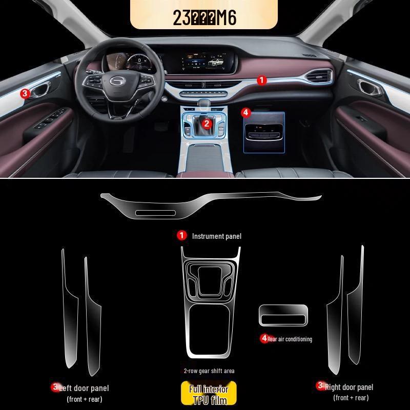 GAC Trumpchi M6 HD Interior Protective Film for Console, Dashboard, and Gear Shift.