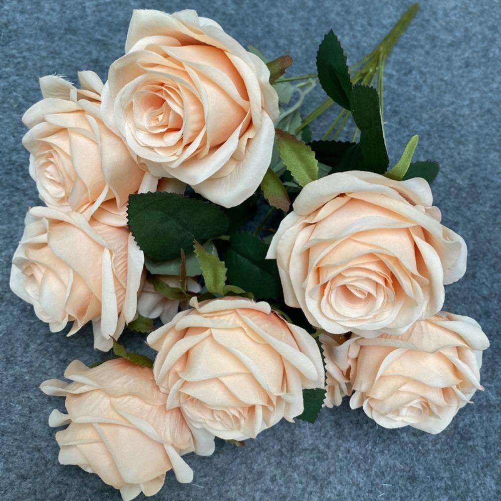 9 Heads Rose Bouquet Retro Style Realistic Design Simulated Flowers Multi Head Colorful Blooms Wedding Decoration