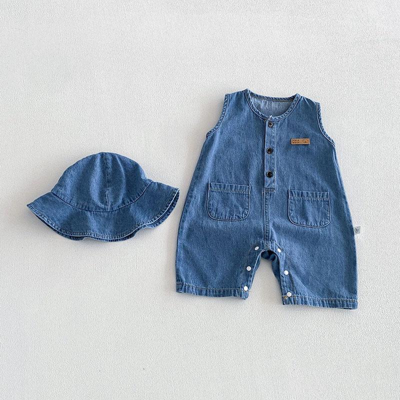Baby Summer Rompers 3-24M Loose Boys Clothes Thin Toddler One Piece Solid Color Girls Denim Overalls + Hat