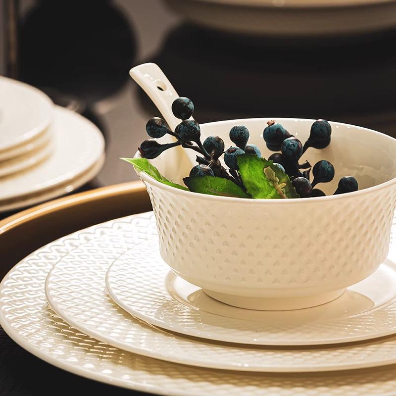 Pure White Bone China Irregular Embossed Floral Anti-scalding Tableware Set