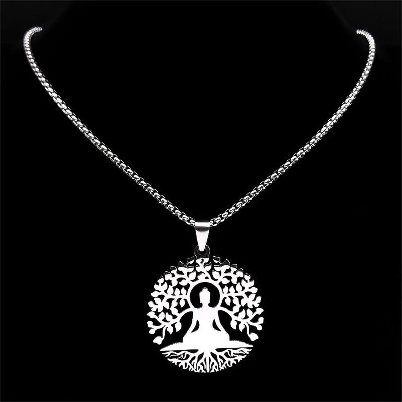Buddhism Meditation Buddha Yoga Pendant Necklace Stainless Steel Tree of Life Necklace Buddhist Jewelry collares para mujer