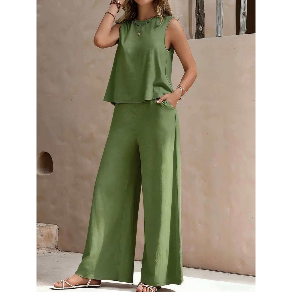 Women's Loose Fit Two Piece Outfit Sleeveless Tank Top Elastic Waist Wide Leg Pantsuit