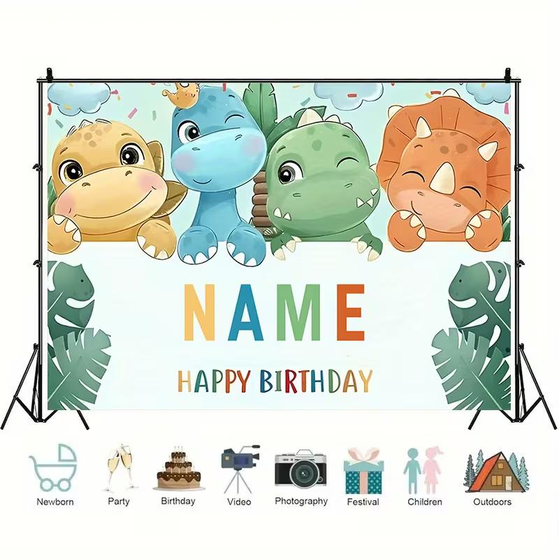 Watercolor Style Dinosaur Birthday Backdrop, Customizable Name Cute Cartoon Dino Background with Tropical Leaves