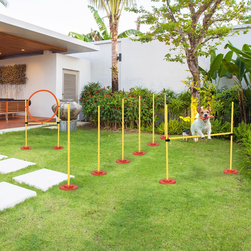 Agility Dog Set 3 Exercises: Slalom, Obstacles, Ring, for Dog Training, Portable, 2.5 kg, Yellow and Red