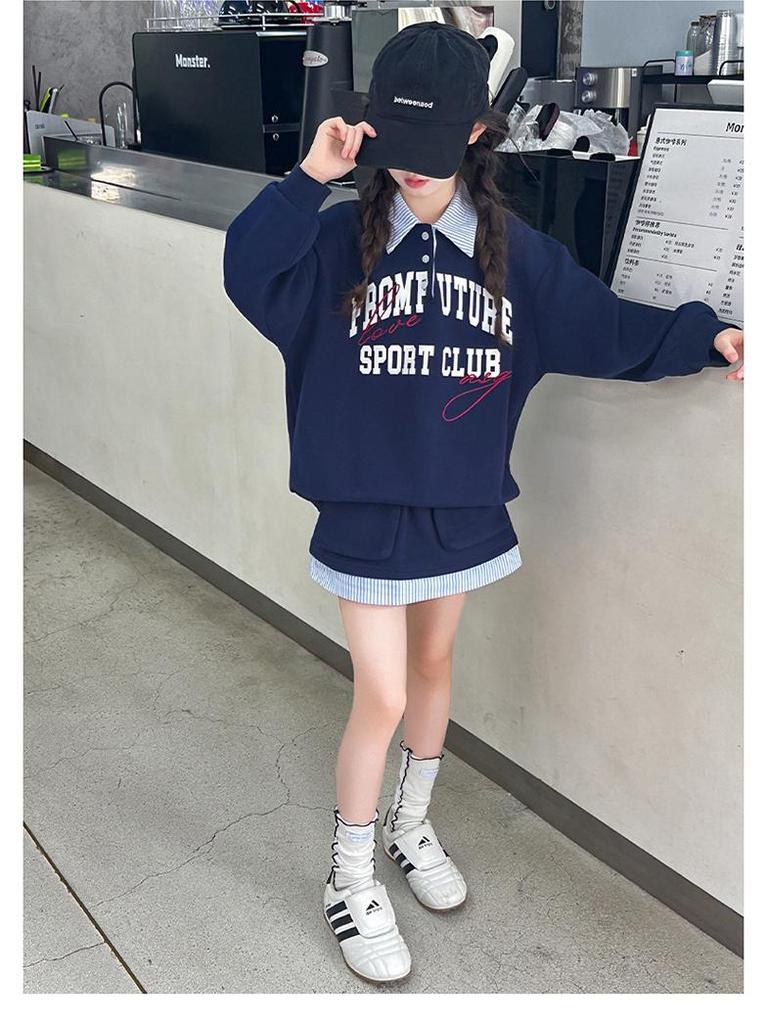 2025 Autumn Korean Style Outfit: Girls' Fashion Sweatshirt & Street Style Midi Skirt Set