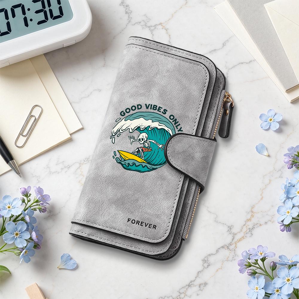 Good Vibes Only Skeleton Surfing Long Wallet Forever Stylish Durable Card Holder Purse for Daily Use
