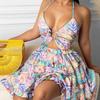 European American Women's Clothing Printed Sexy Hanging Neck Sling Hollow Cake Dress
