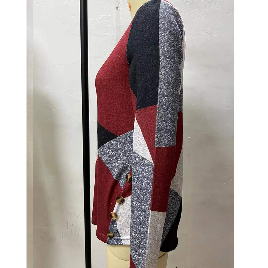 Button Up Geometric Clash Long Sleeve Print Loose T-shirt Women's Top