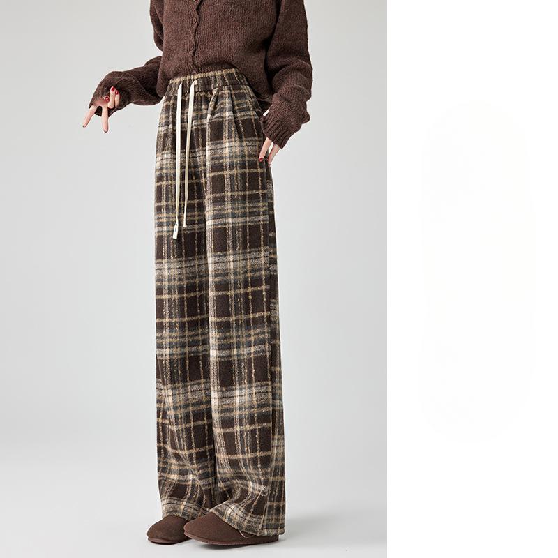Plaid Pants for Women's Spring and Autumn New High-waist Draped Straight-leg Casual Small Retro Wool Wide-leg Pants