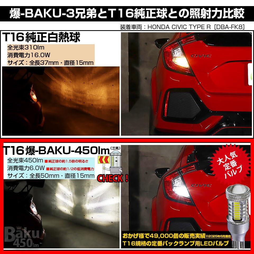 Pikakyu 20322 Suzuki Hustler LED Back Lamp, Compatible with MR52S/MR92S, T16, Explosion-BAKU-450lm, White, 6600K,