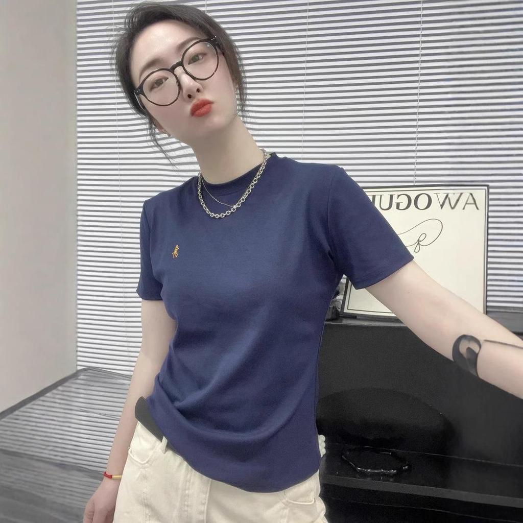 Women's Spring 2025 Embroidered Round Neck Slim Short Sleeve Top