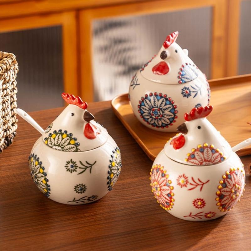 Ceramic Seasoning Container Chick Designs Sealable Lid Included Measuring Utensils For Cooking Essential