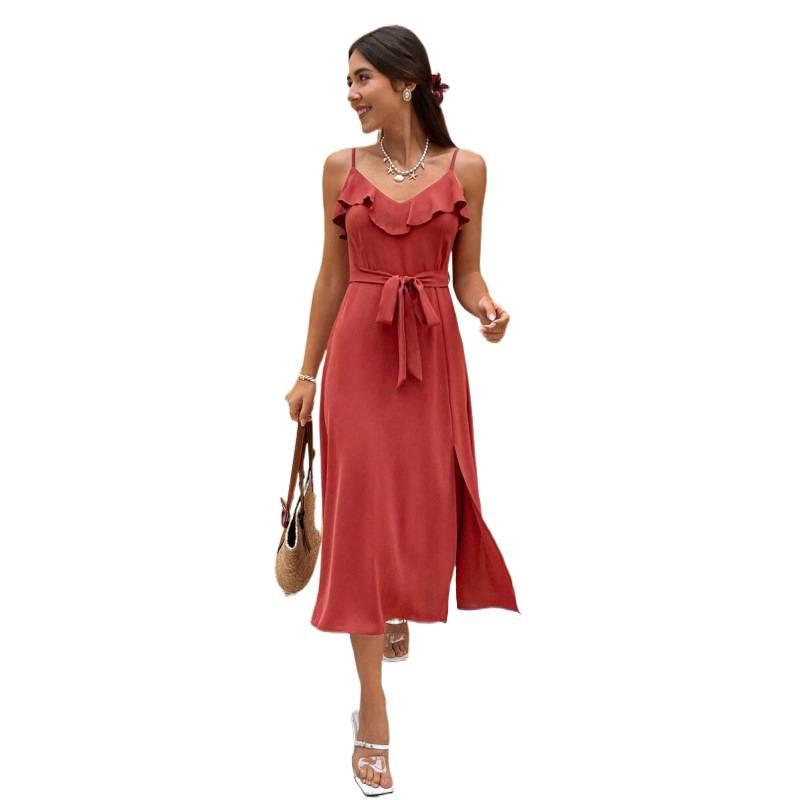European summer new solid color elegant ruffle edge strap split suspender medium and long dress women