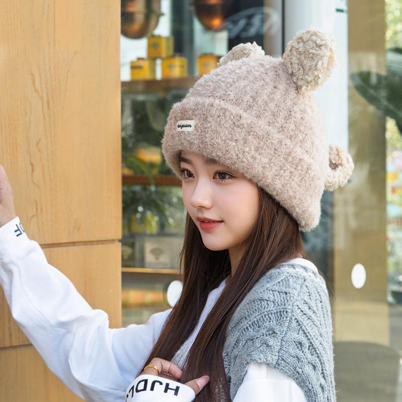 Bear Knitted Wool Hat Women S Fashion Cute Little Tail Funny Loose Warm Autumn And Winter Ear Hat Cold Hat