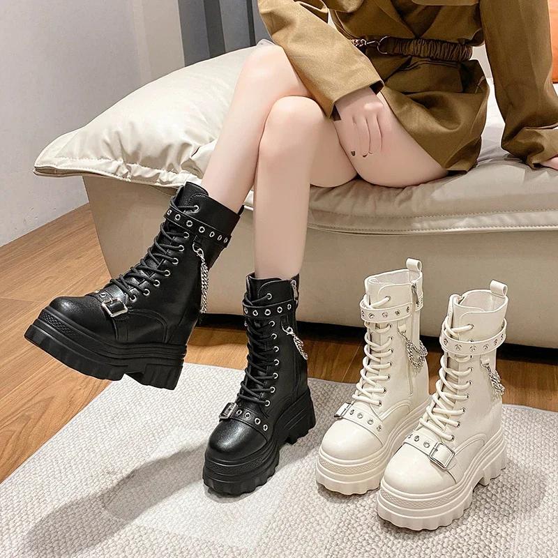 Fashion Women's Mid-calf Boots Autumn 2024 Fashion PU Leather Chain Platform Black Booties Punk British Style Casual Shoes for Ladies