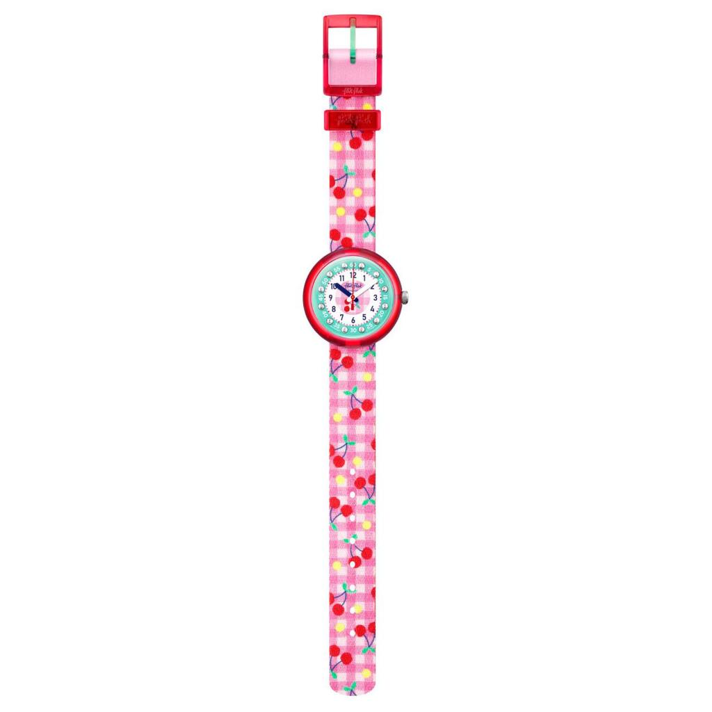 Swatch Kinder Gartenabenteuer Serie Quarzwerk Rosa Kirsche Kinder Schweizer Uhr 31,8mm Grünes Zifferblatt Kunststoffgehäuse Stoffarmband ZFPNP057