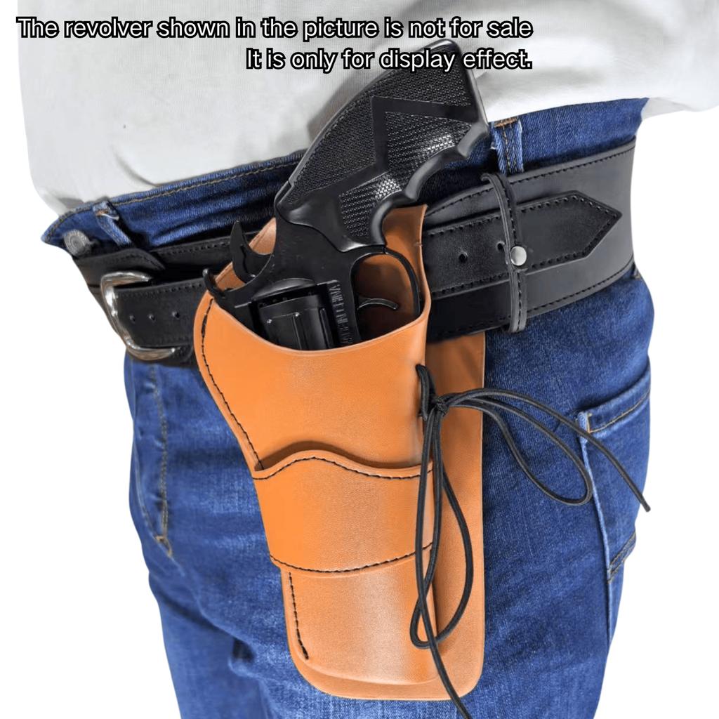 Western Style Revolver Holster Retro Cowhide Look PU Leather Waist Gun Holder for Cowboy Costume Reenactment Prop Display Only