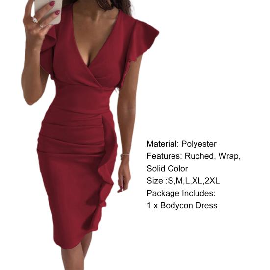 Bodycon Dress Sexy V Neck Solid Color Ruffles Short Sleeve Party Dress for Vacation