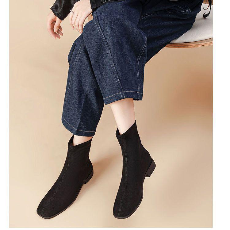 

Ретро стиль 2025 весна и осень новые толстый каблук маленький квадратный носок черный эластичные сапоги с широким голенищем низкий каблук женские короткие сапоги французские 35