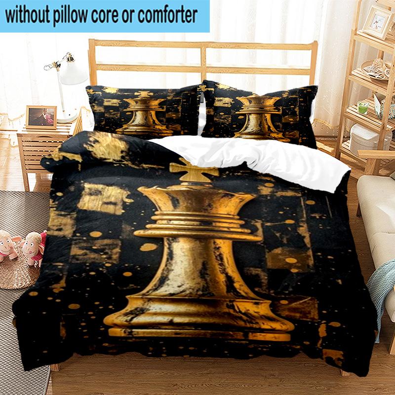Golden Chess King On Black 3pcs Bedding,Including 1pc Duvet Cover And 2pcs Pillowcases Perfect for Christmas,Ideal for Bedroom, Dormitory
