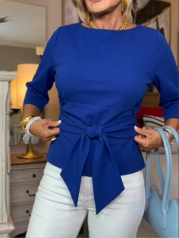 Women Slim Fit Bow Tie Waist Casual Knit Top S синий