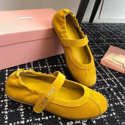 Rindslederversion~ miu's Nische Leder Klettverschluss Einzelne Schuhe Damen Flache Sohle Flacher Ausschnitt Deutsche Trainingsschuhe Lässige Sportschuhe Ballerinas