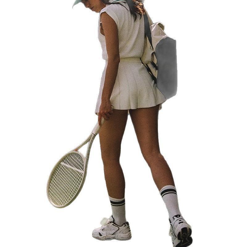 Womens Knit Jacquard Tennis Set: Collar Zipper Sleeveless Top High-Waisted Pleated Skirt With Anti-Ride-Up Design