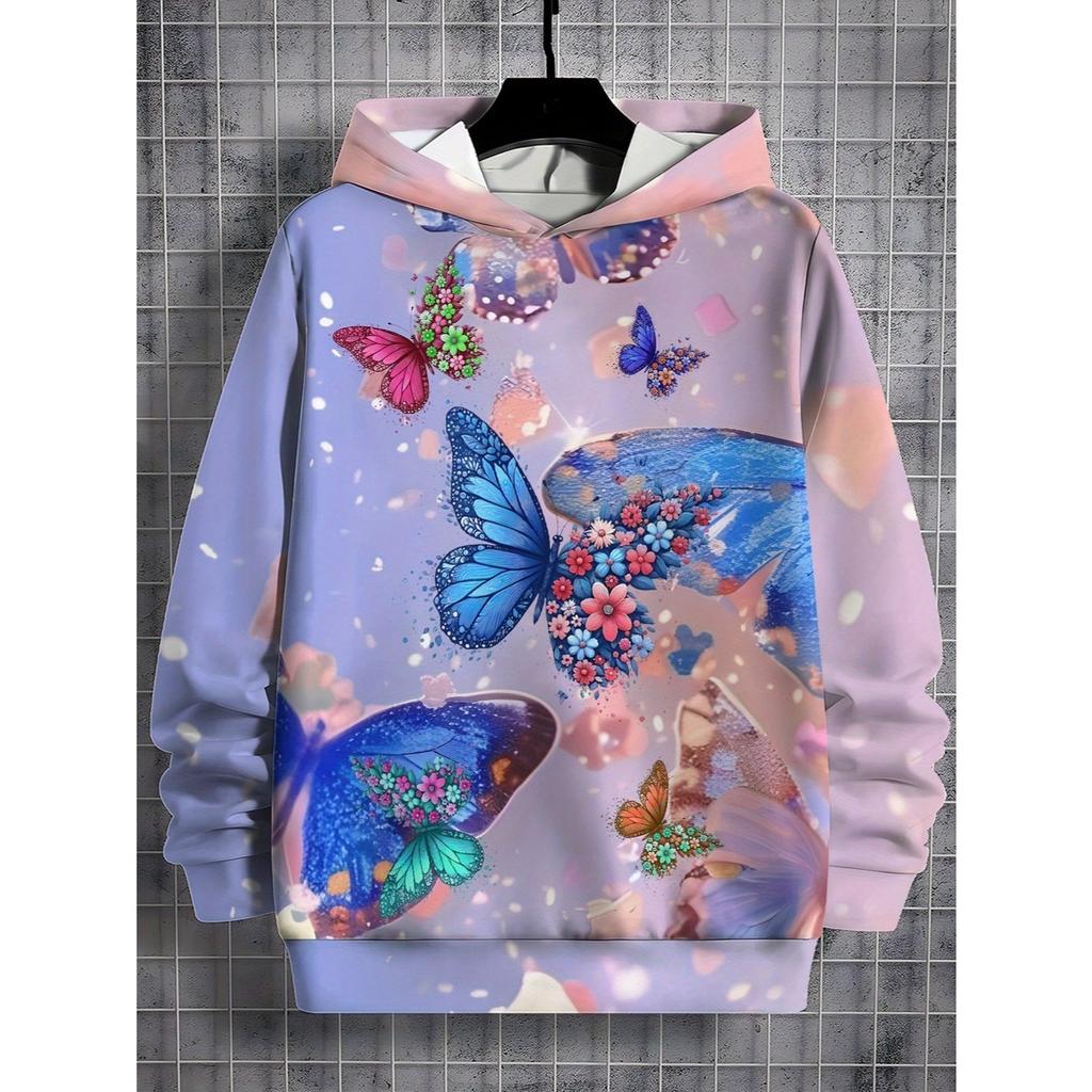 3D Digital Printing Dream Pink Purple Tone, Flower Wings Butterfly Pattern Hoodie Fashion Trend Casual Children's Clothing
