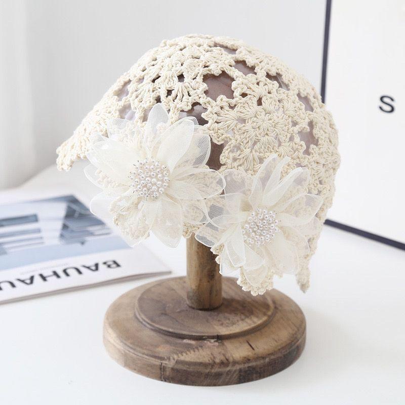 Women's Spring Summer Korean Style Thin Hollow Pearl Petal Handmade Knit Hat Elegant Wool Cap Sweet Head Wrap Hat