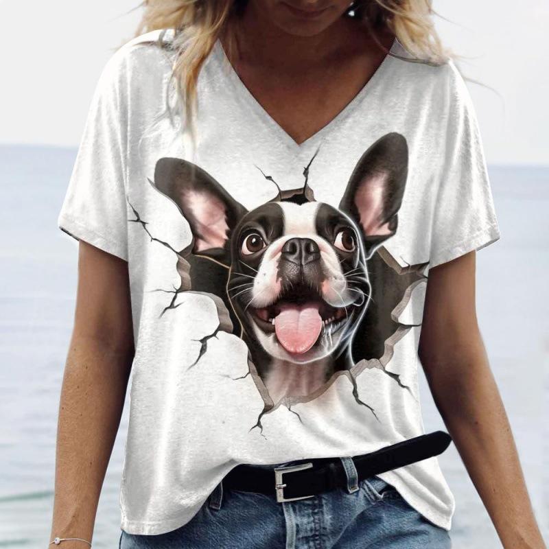 Sommer V-Ausschnitt 3D Tierdruck Top Modische Lässige Kurzarm Damen T-Shirts