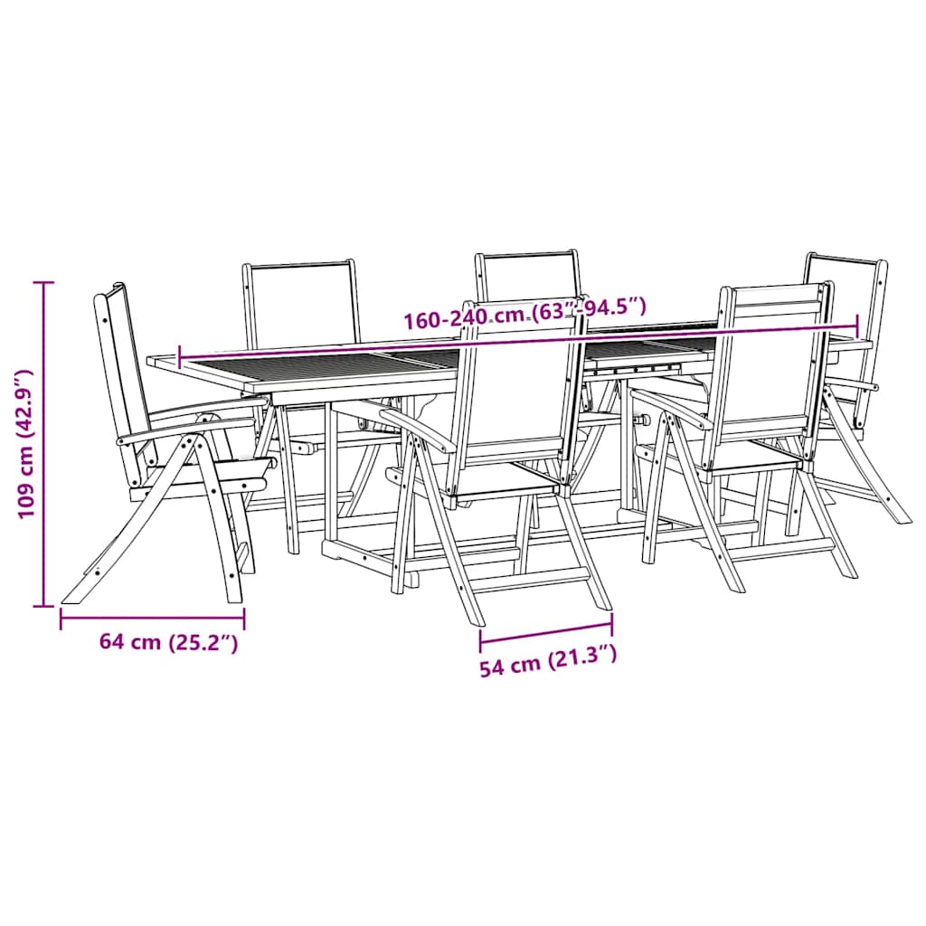 7 Piece Outdoor Dining Set Solid Acacia Wood Table and Textilene Chairs