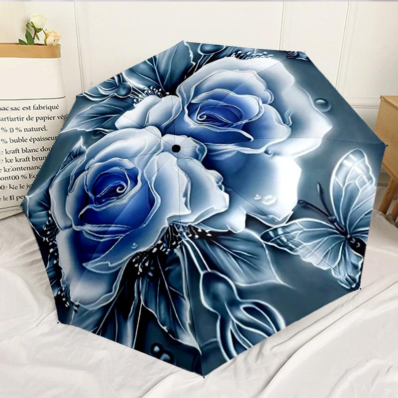 Blue Roses And Butterflies 8-Frame for Travel, camping, Casual Lightweight Portable Umbrella, Essential for every family Holidays Birthday Gift