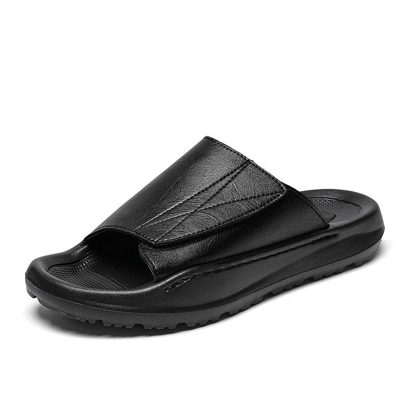 Men s Summer Leather Slides: Thick Sole, Non-Slip, Casual Beach Flip-Flops. 44 чёрный
