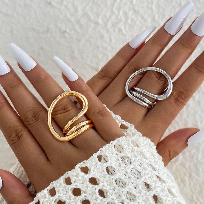Personality Metal Line Hollow Open Ring Set for Women Punk Gold Color Circular Irregular Index Finger Ring Design Sense Jewelry