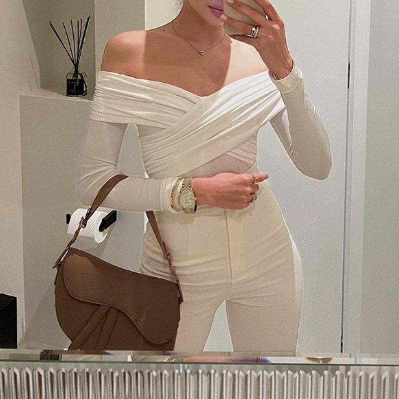 Sexy Dámské Módní Jednobarevné Body s Odhalenými Rameny Křížené Záhyby Skinny Romper Oblečení Dlouhý Rukáv Šik Streetwear Podzimní Oblečení Nové