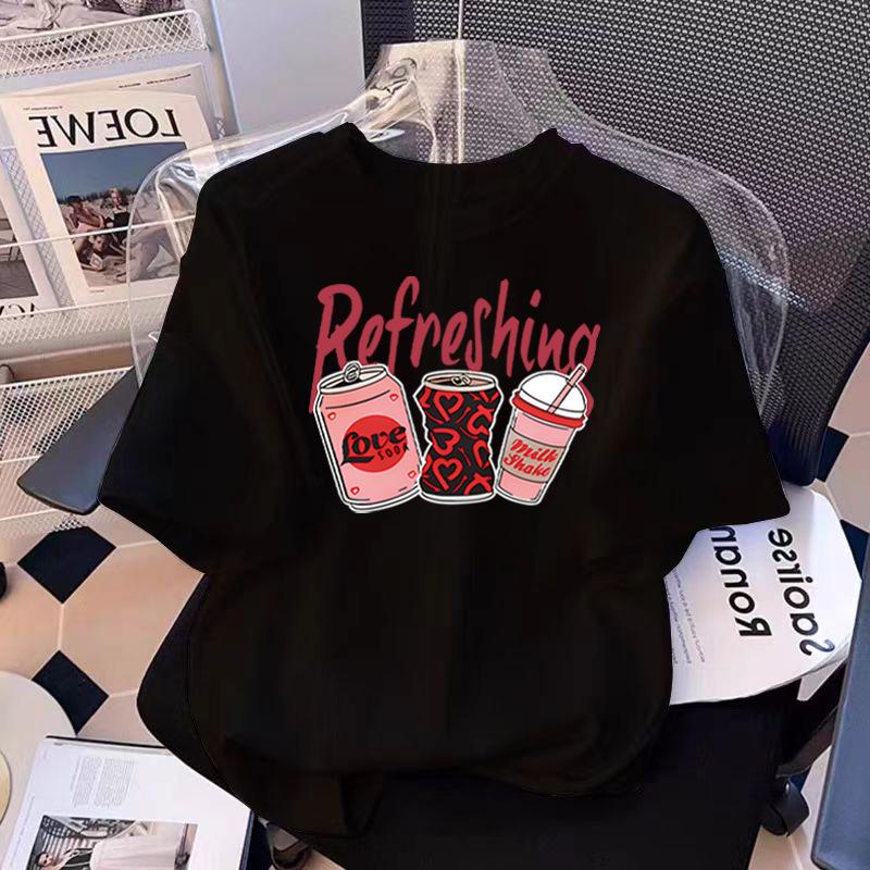European Black Cotton Short-sleeved T-shirt Women's New Summer Loose Cartoon Printed Front Shoulder T-shirt Top