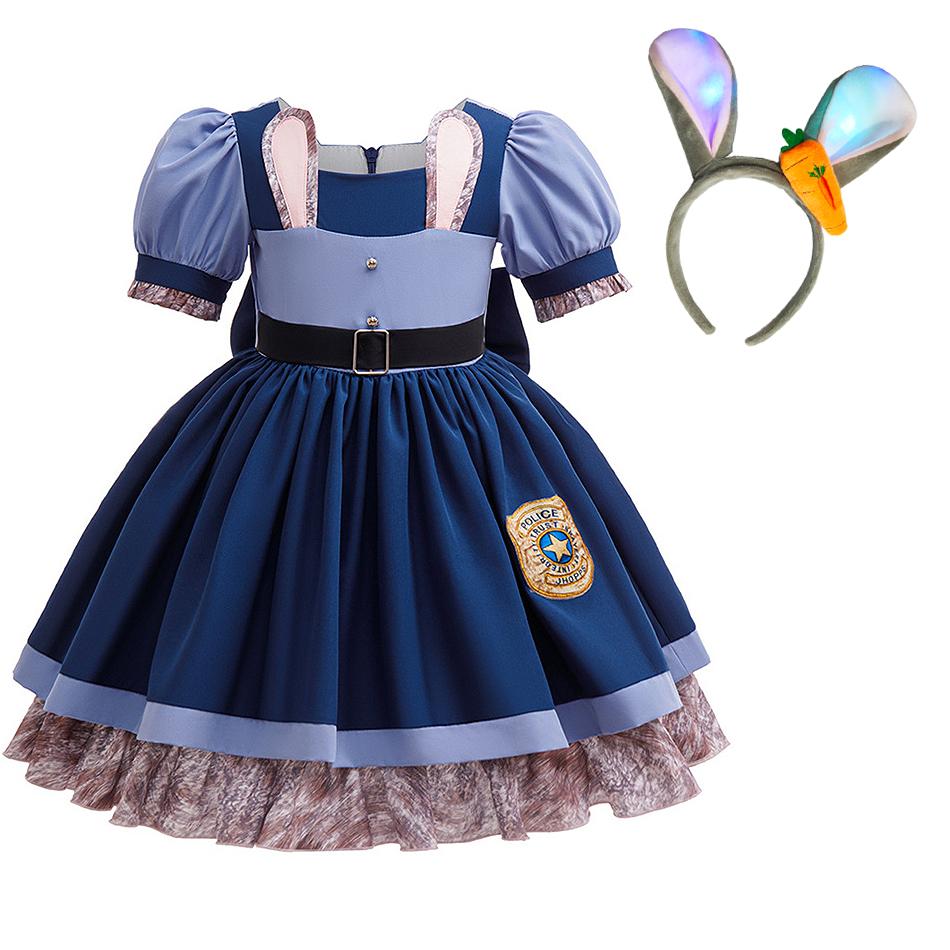 Judy Cosplay Princess Dress Girls Officer Bunny Role Play Frocks Children Carnival Birthday Halloween Party Costumes