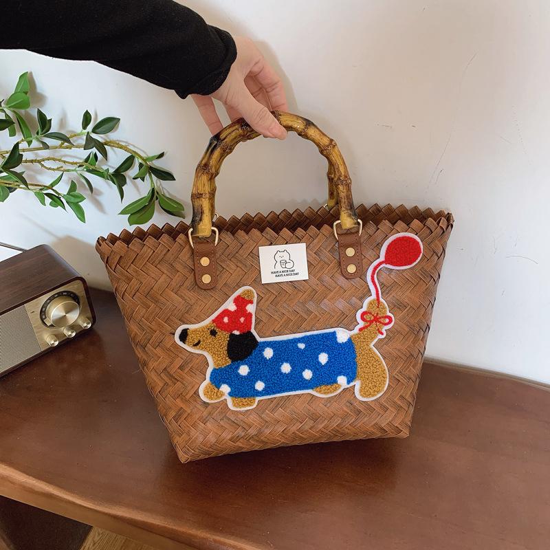 

Large capacity dachshund handwoven bag vegetable basket rattan handbag work sundries small bag picnic women s bag