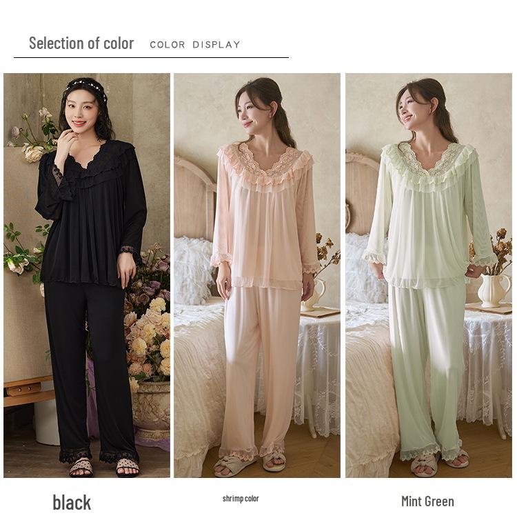 Retro Court Style Women's Nylon Mesh Home Wear Set (Long Sleeve Top and Pants)