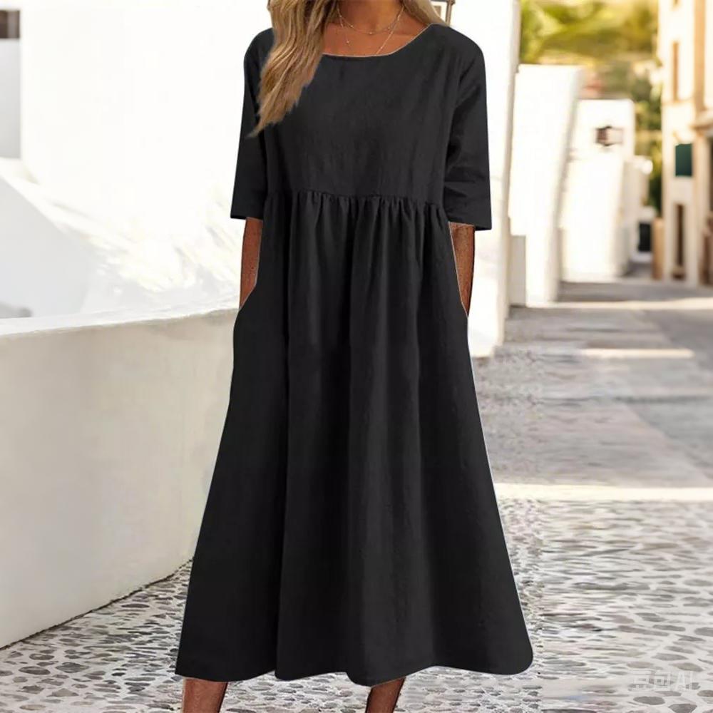 Women's Summer Cotton Linen Dress - Casual Short Sleeve Pleated Pocket Dress, Lightweight & Breathable