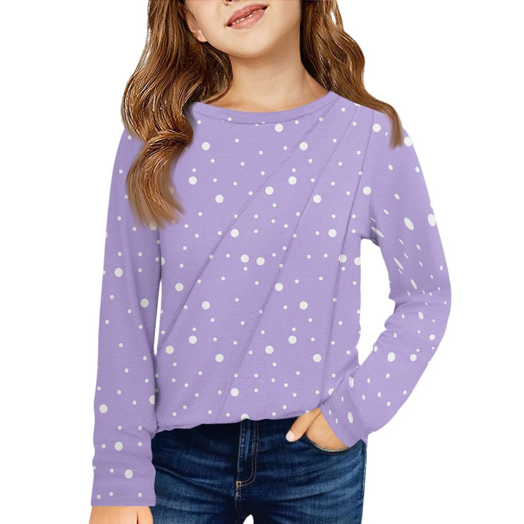 Girls' Long Sleeve Tee - Pleated Round Neck Casual Top
