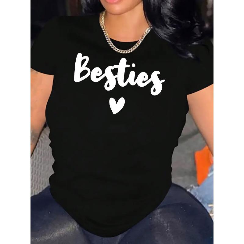 

European Size Women S Besties Heart Print T-Shirt, Fashionable Casual Round Neck Short Sleeve Tee, Comfortable 4XL