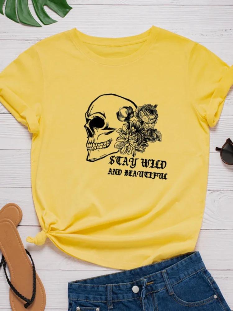 Skull Head Flower Print Women T Shirt Short Sleeve O Neck Loose Women Tshirt Ladies Fashion Tee Shirt Tops Camisetas Mujer